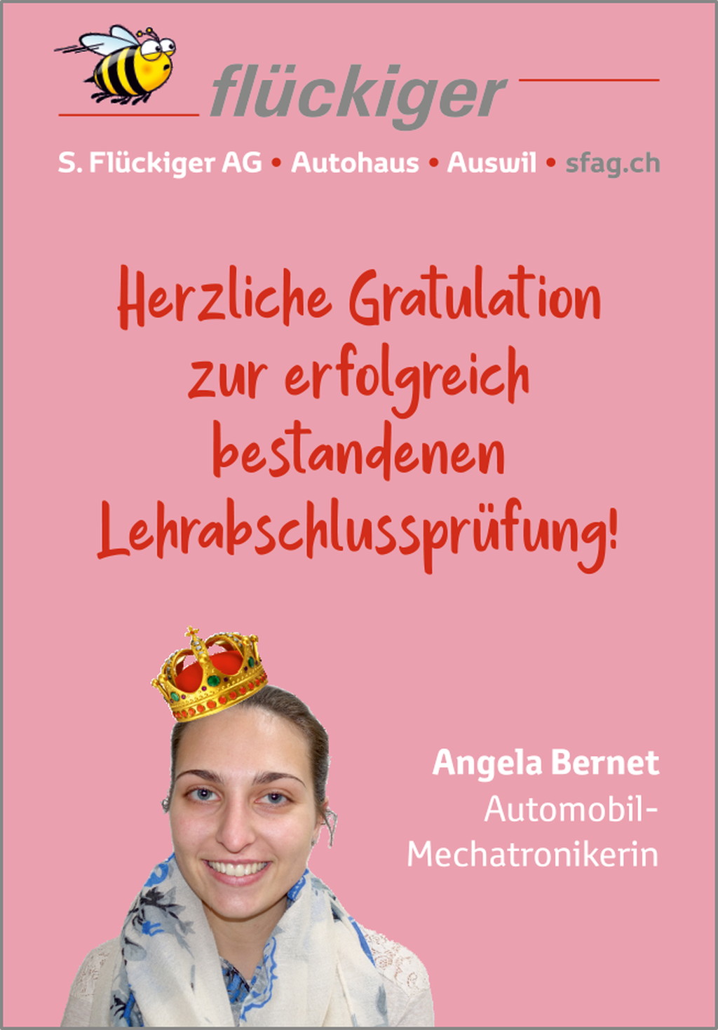flückiger Autohaus - Wir gratulieren Angela ganz herzlich zur bestandenen Lehrabschlussprüfung als Automobil-Mechatronikerin